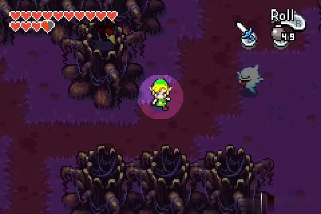 Link in the dark graveyard maze with a small circle of light and a ghost beside him