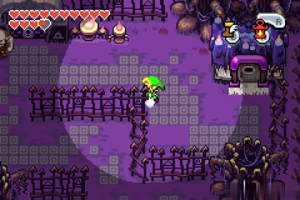 Link dashing through the graveyard fences in the lantern light looking for the crow