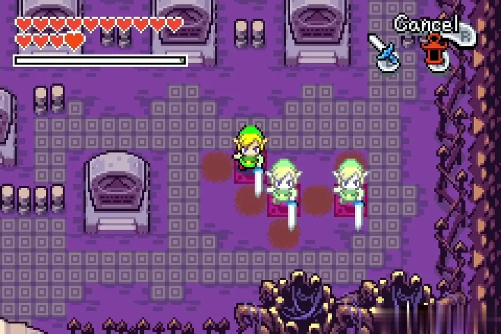 Three Links standing on the floor pads in the graveyard