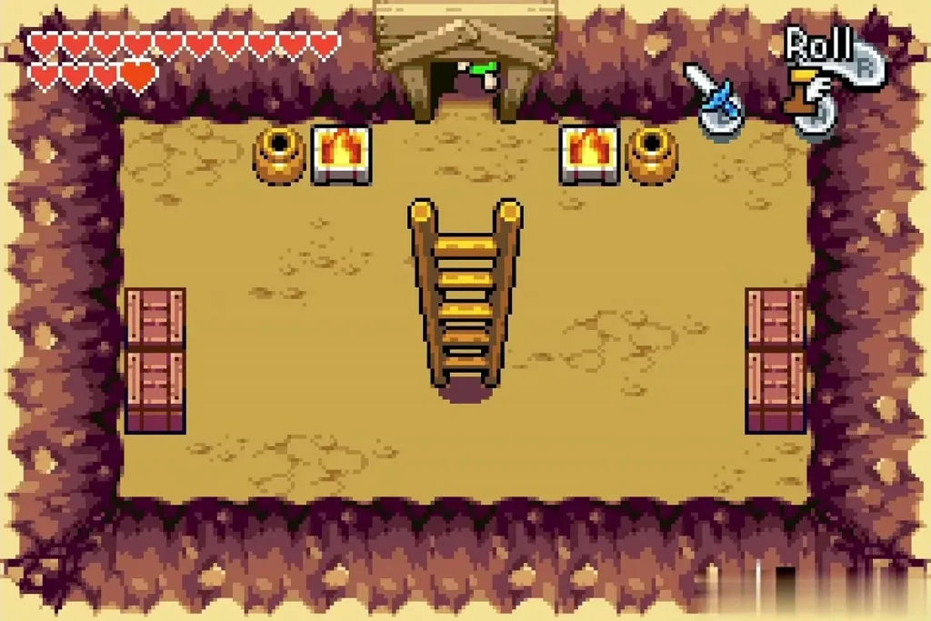 Link entering the dojo cave with its ladder and flaming braziers