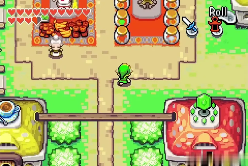 Link walking into the Hyrule Town square toward the market stalls