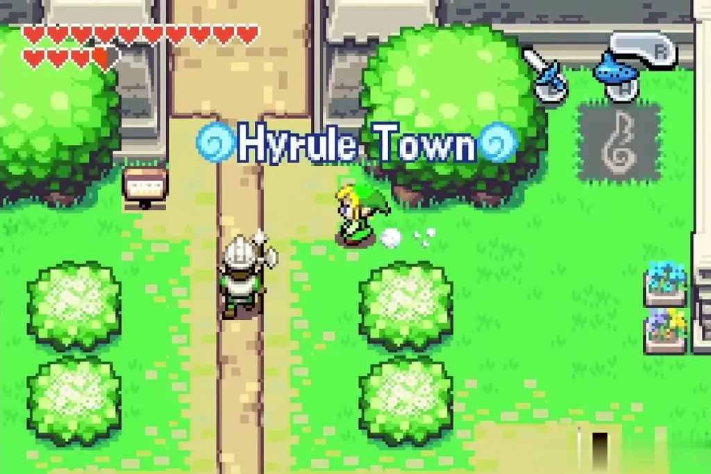 Link arriving back in Hyrule Town after warping