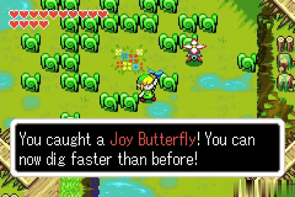 Link holding up a Joy Butterfly with the dig faster message shown