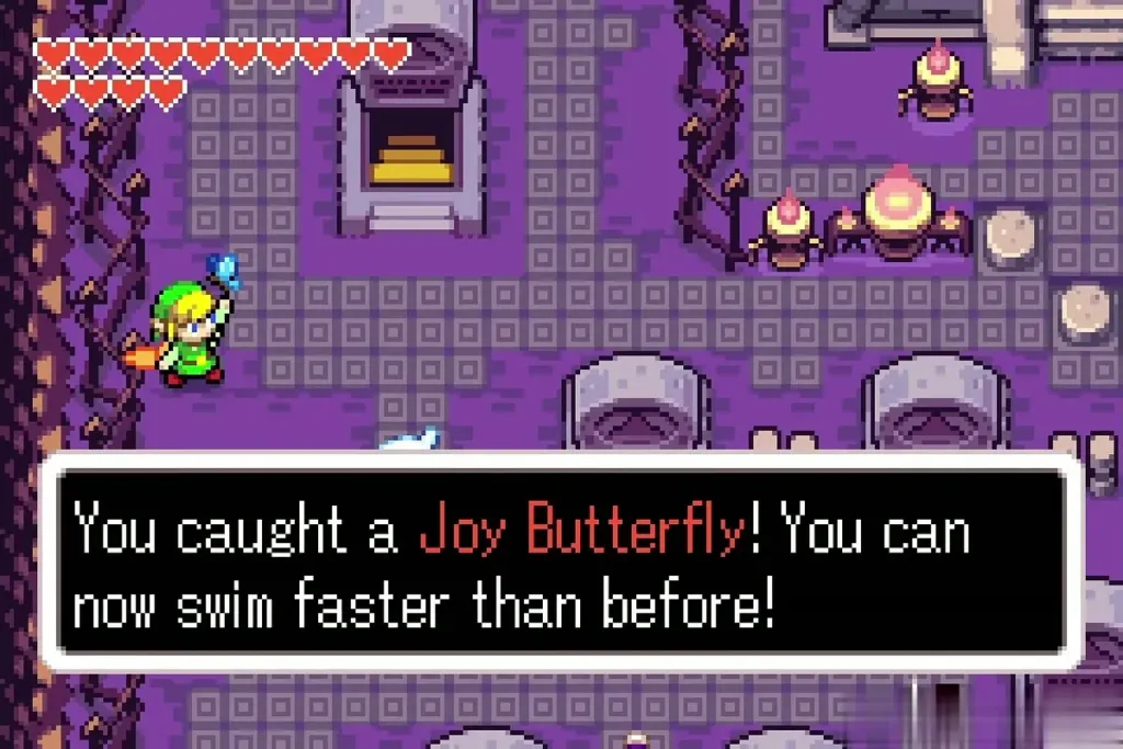 Link holding up a Joy Butterfly with the swim faster message shown