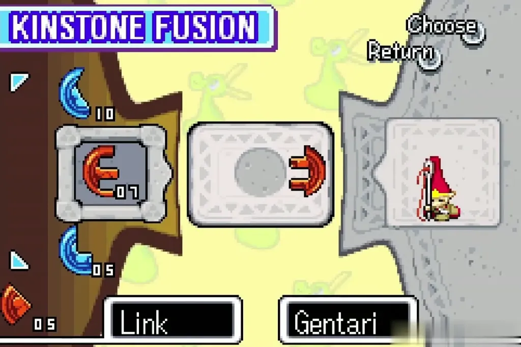 The Kinstone Fusion screen with Link's red piece set beside Gentari's half