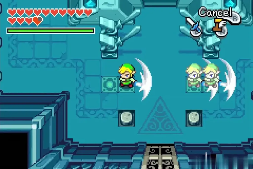 Link splitting into three Links, all swinging their swords near the slabs