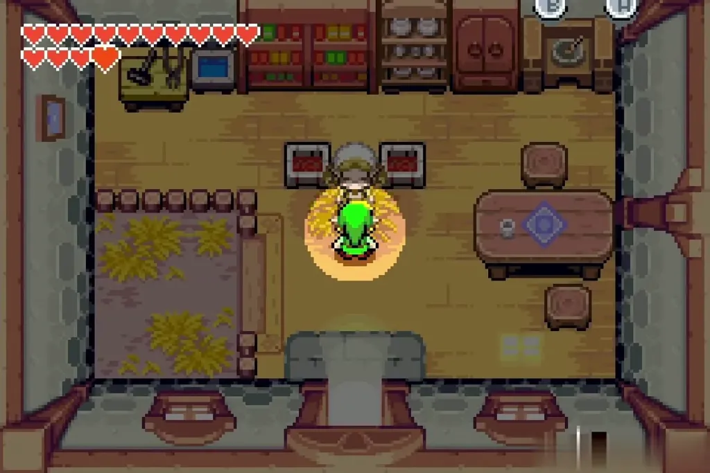 Link entering the dark orange house with the Lantern lit
