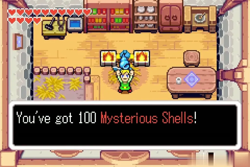Link holding up the reward with the 100 Mysterious Shells message