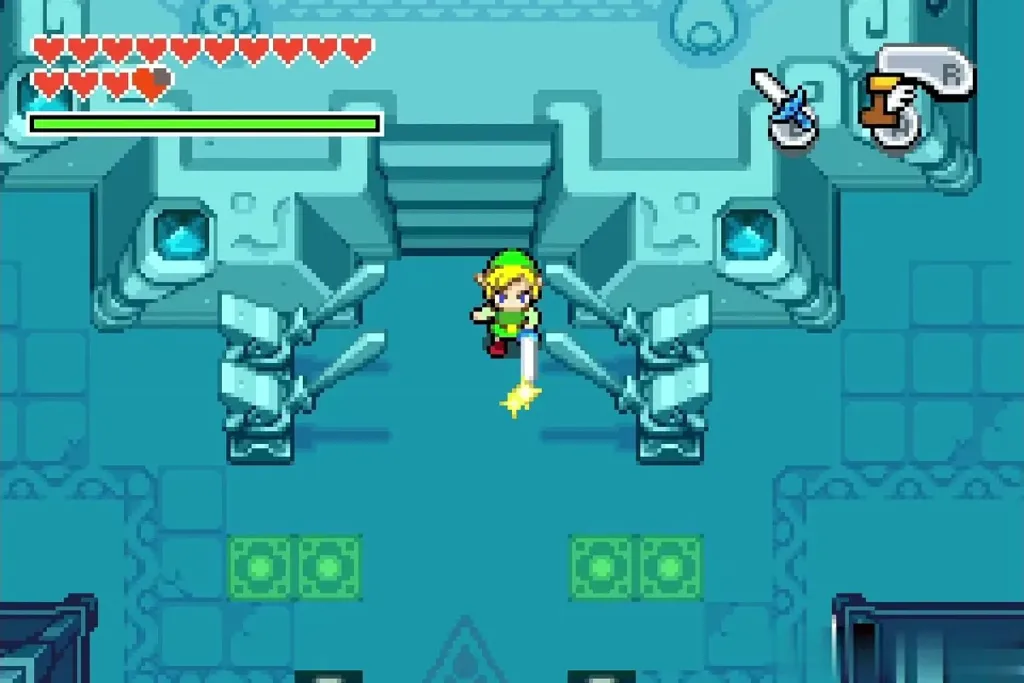 Link charging his sword in the Sanctuary hall above the floor slabs
