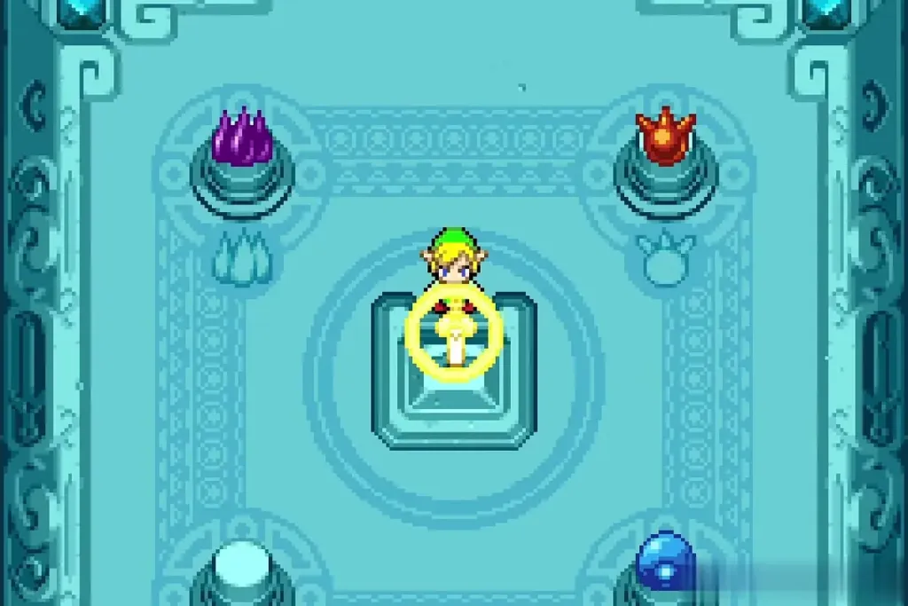 Link's sword glowing on the pedestal as the Elements infuse it