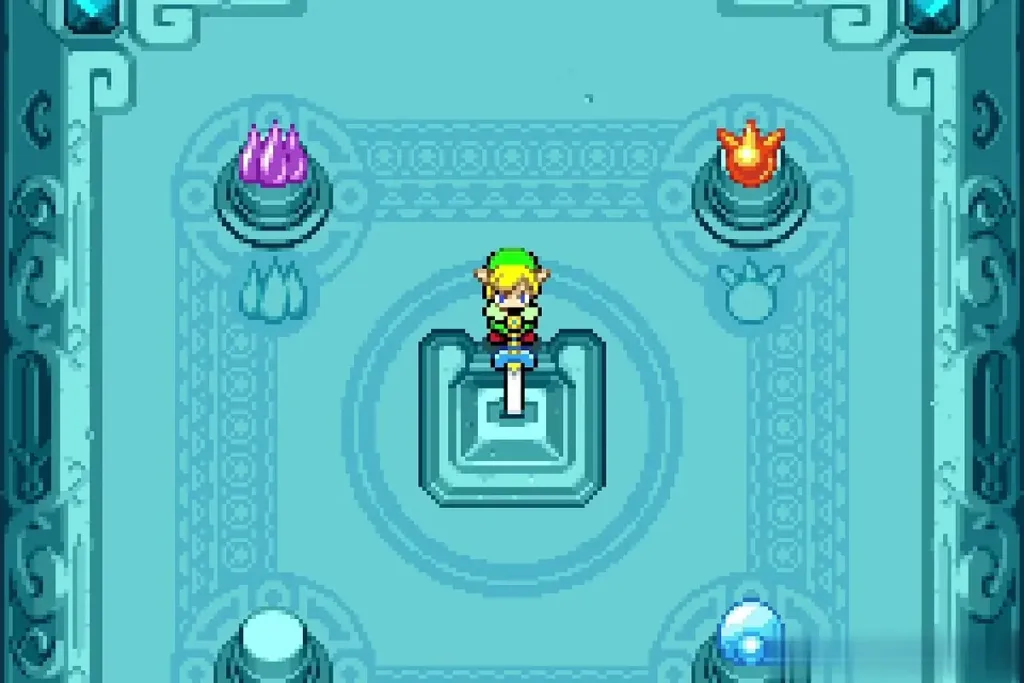 Link on the pedestal as the Water Element glows at the lower corner