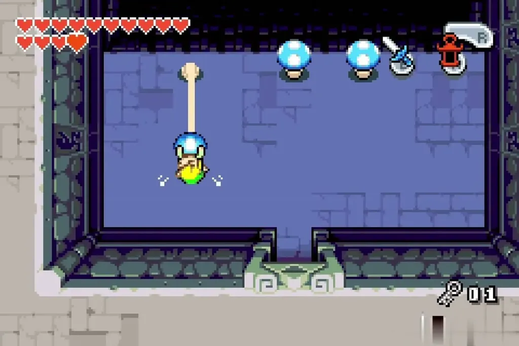 Link pulling himself along with the far-left blue toadstool