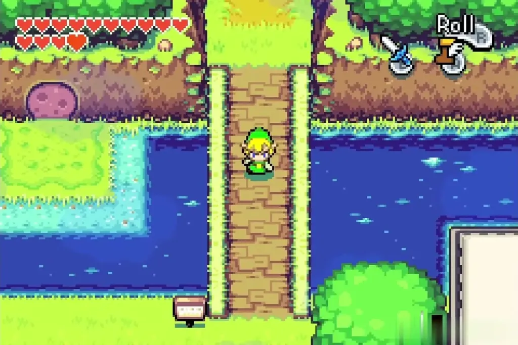 Link crossing a wooden bridge over the river in the Trilby Highlands