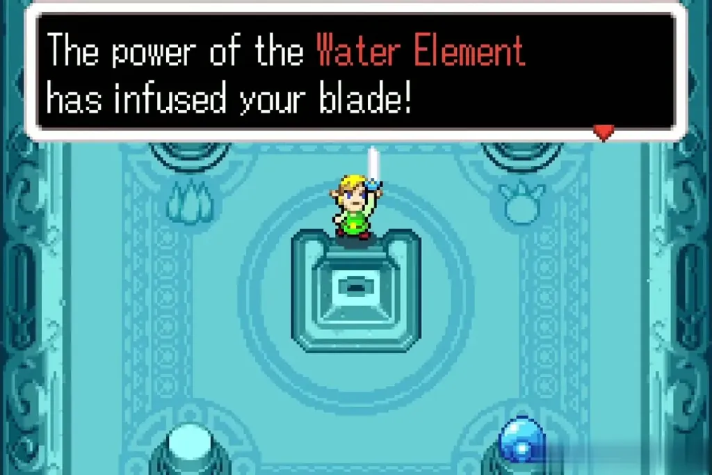Link raising the blade with the message that the Water Element has infused it