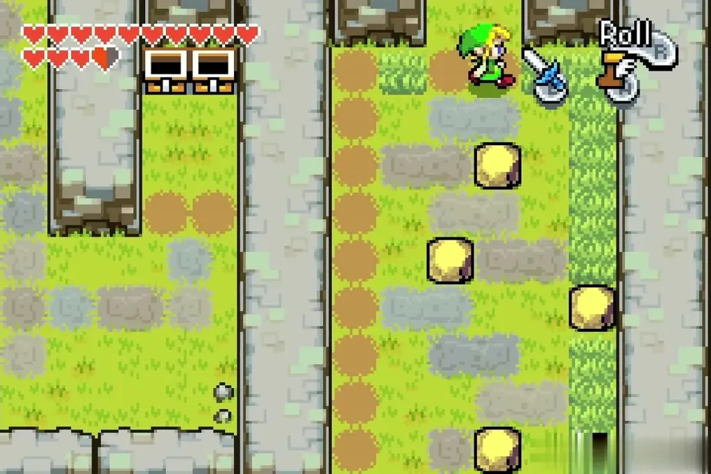 Link running down a Wind Ruins path lined with rupees