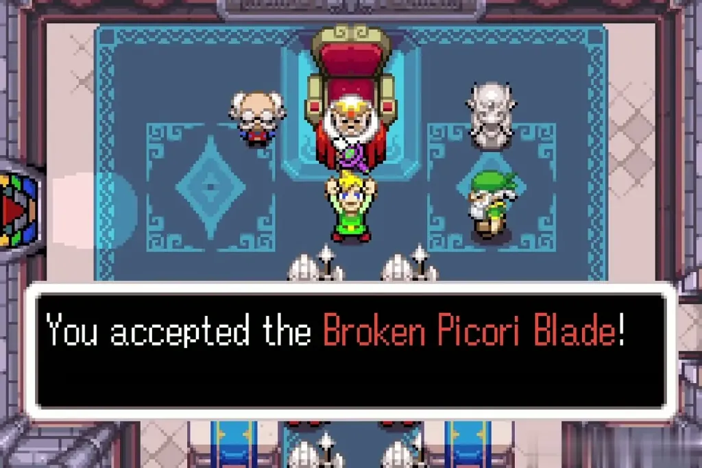 Link holding up the Broken Picori Blade before King Daltus