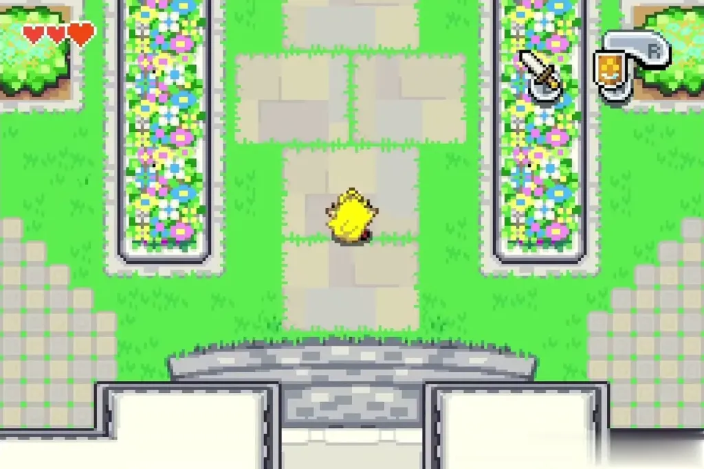 Link walking south through the castle garden toward the gate