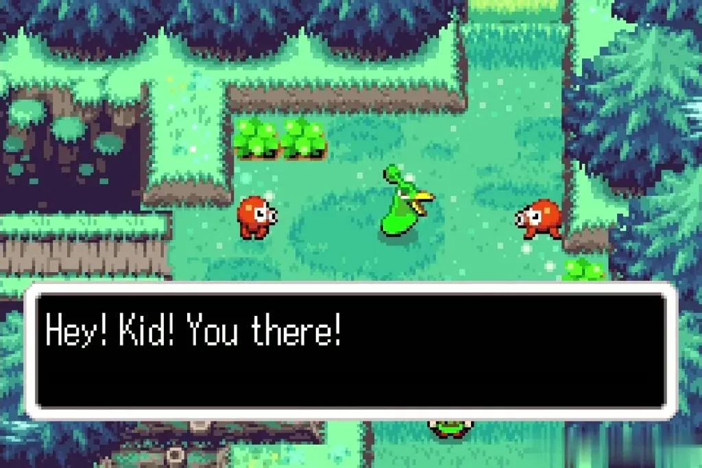 The talking green cap calling out to Link between two Red Octoroks