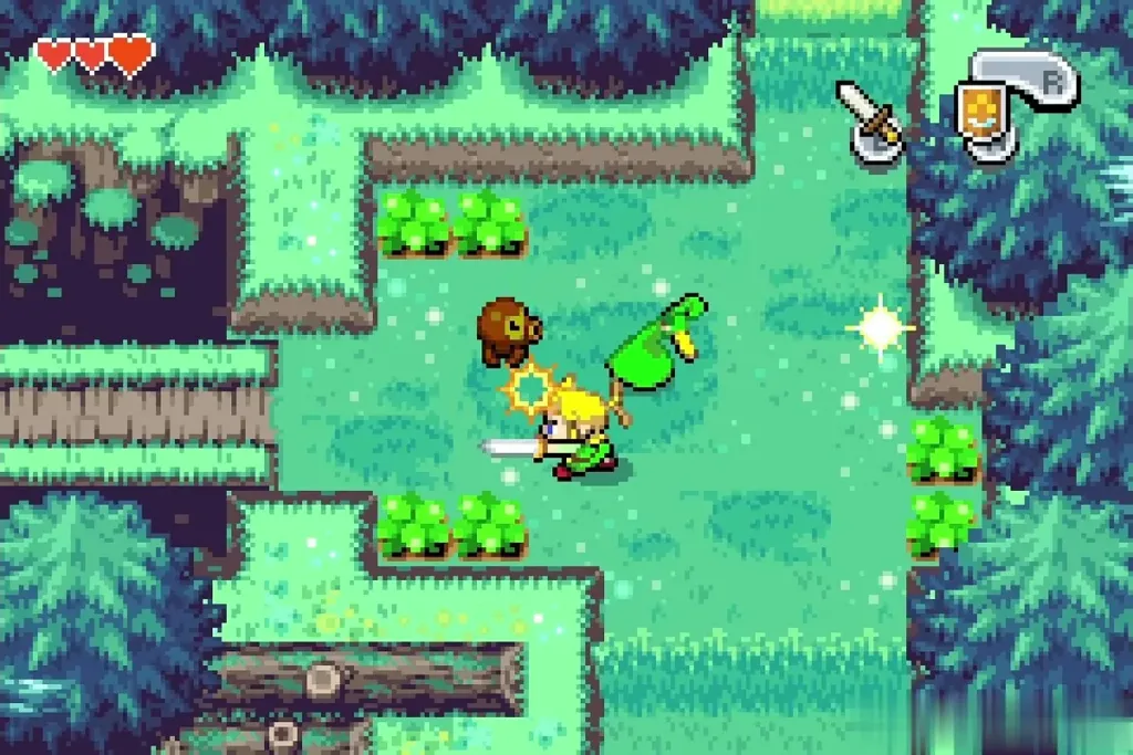 Link slashing an Octorok with his sword beside the green cap