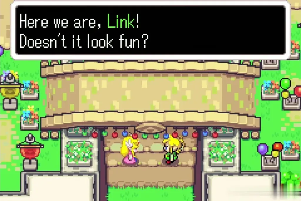 Zelda and Link at the festival gate with banners and lanterns