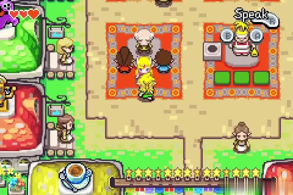 Link and Zelda walking between festival stalls and townspeople