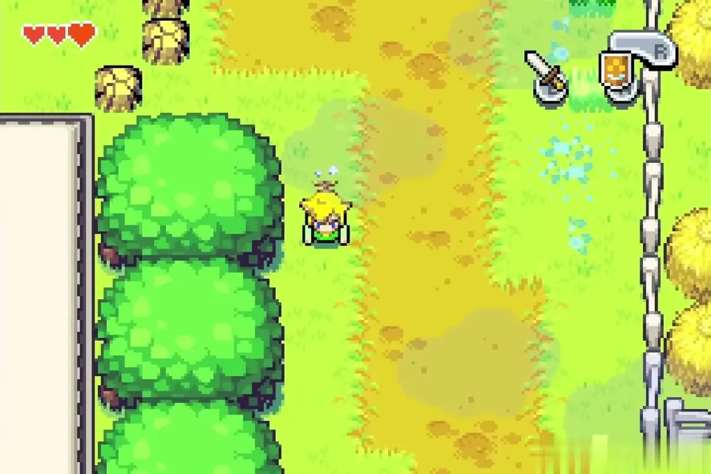 Link on the path beside a row of short trees toward the ranch