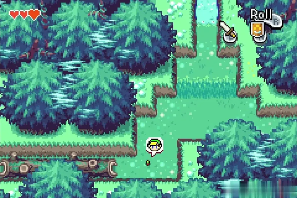 Minish Link walking toward the hollow log beside the stump