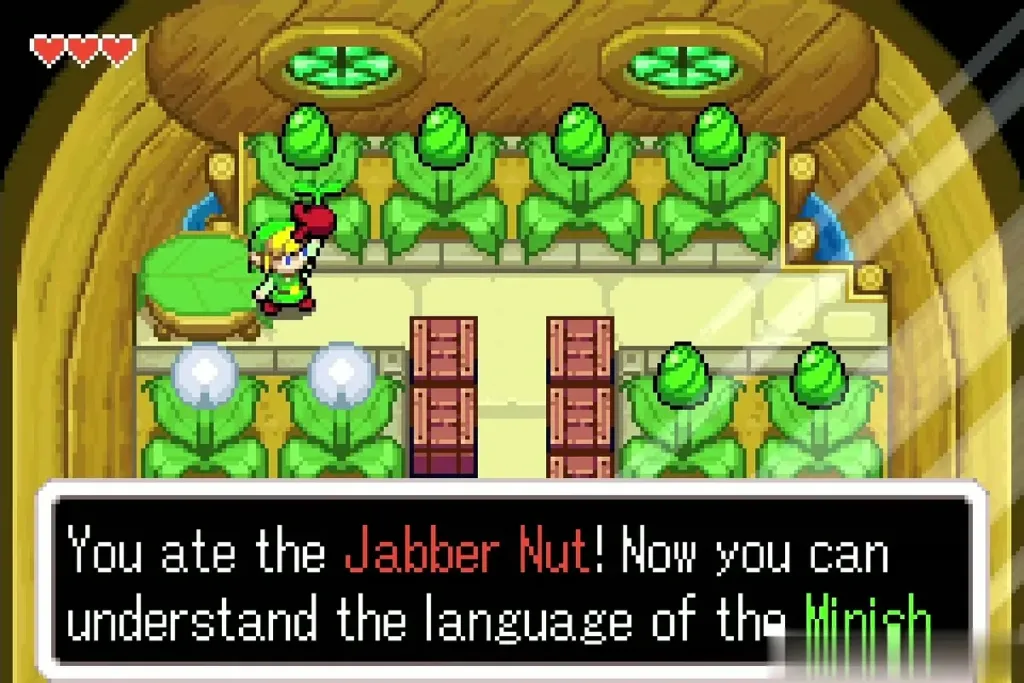 Link holding up the Jabber Nut after eating it, with the message that he now understands the Minish language