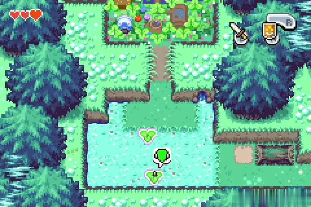Link riding a lily pad across the pond