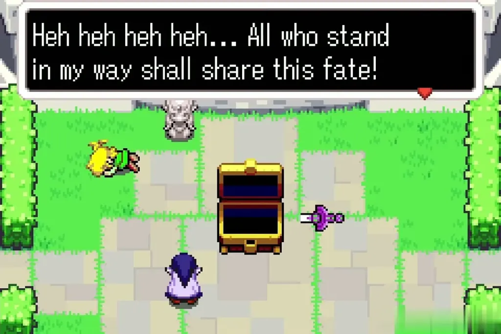 Link lying on the courtyard stones beside the open chest and sword