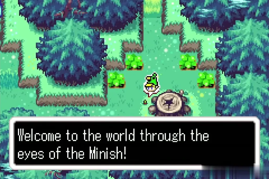 Minish-sized Link beside the large stump with Ezlo's welcome message