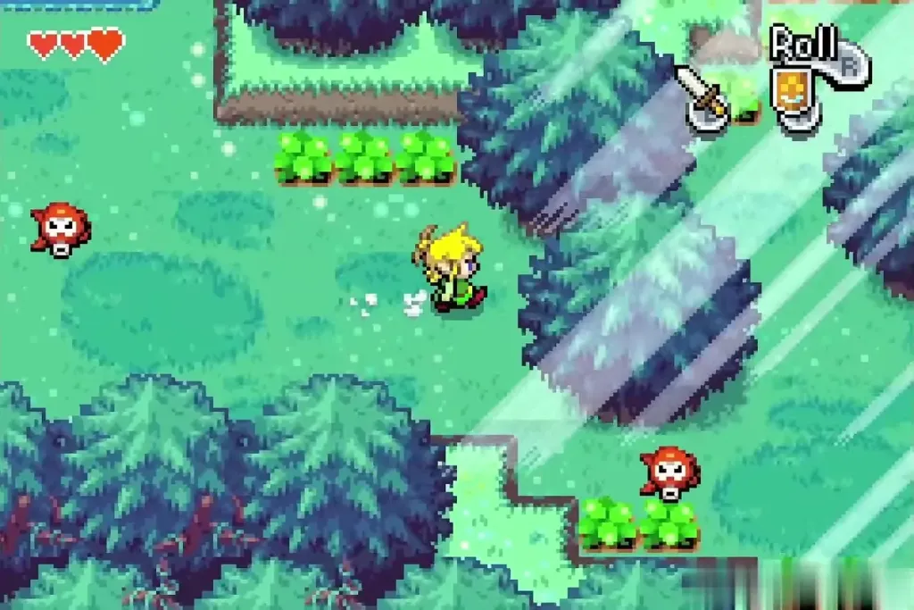 Link running through the dark green Minish Woods with Octoroks nearby