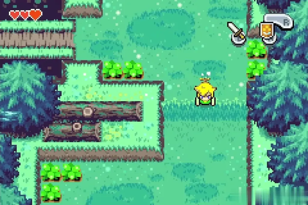 Link walking east beside fallen logs in the Minish Woods