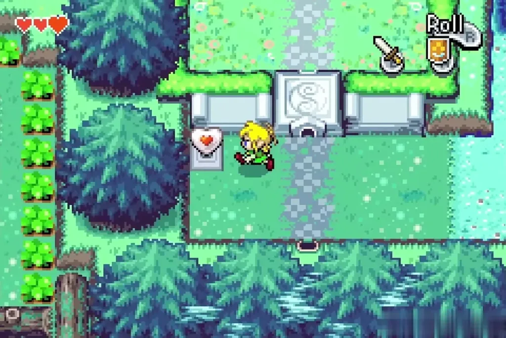 Link at a carved stone gate with a heart piece sign in the forest