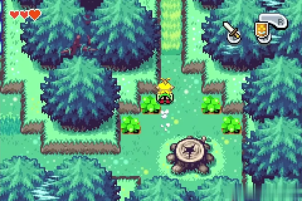 Link on the forest path above a tree stump clearing