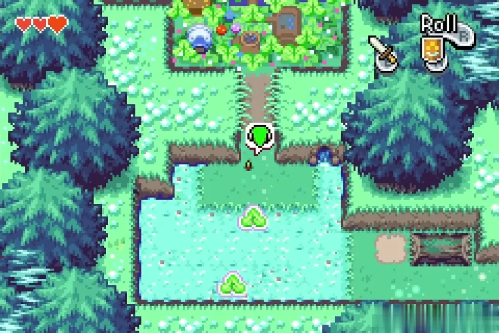 Link stepping off the lily pad onto the north shore, clover patch ahead