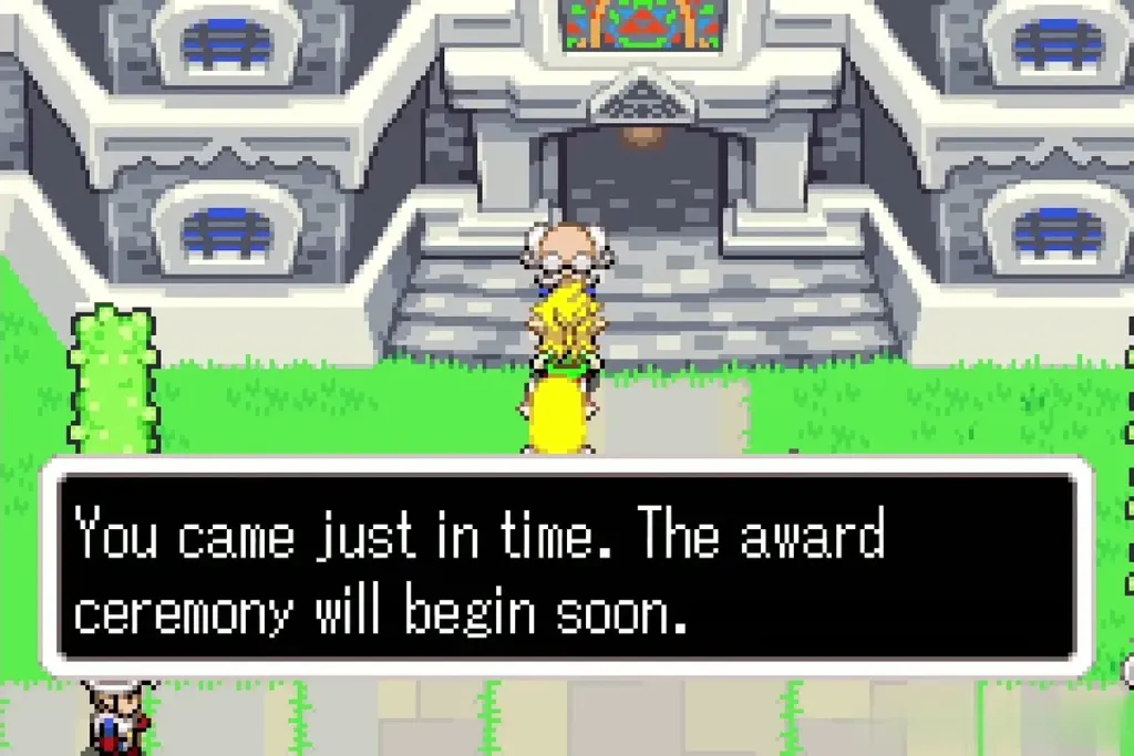 Minister Potho greeting Link and Zelda at the castle entrance