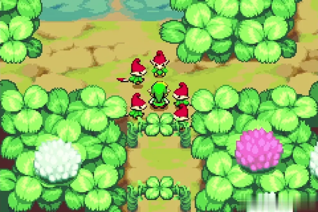 Red-capped Minish gathering around Link on the clover path