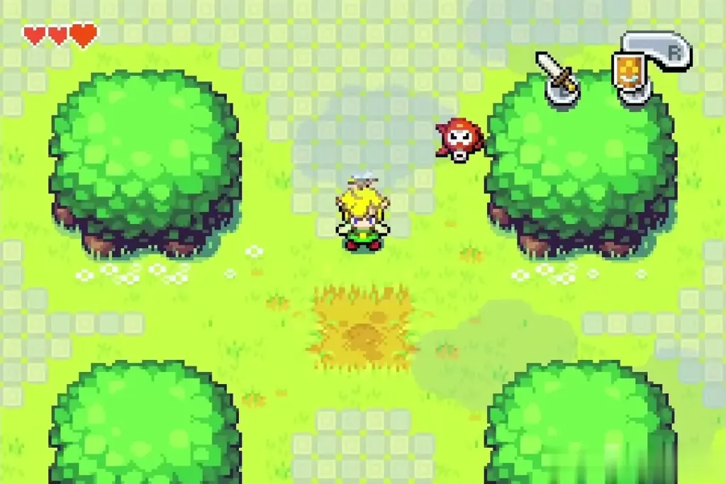 A red Octorok near Link between trees in North Hyrule Field