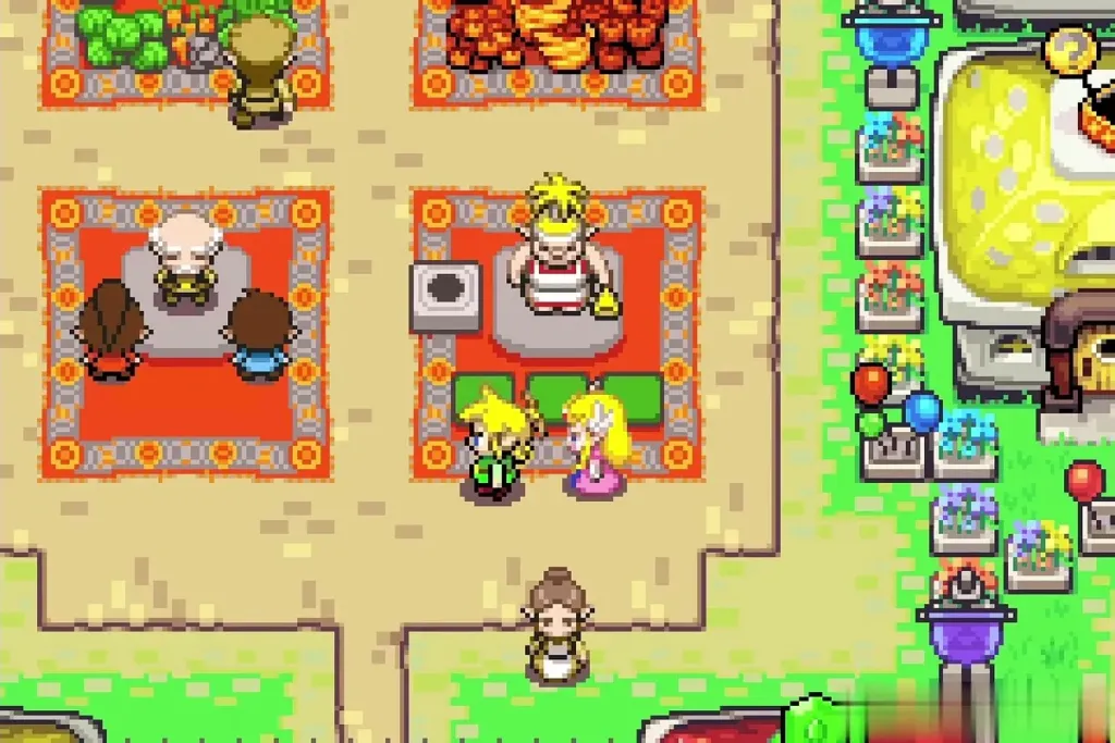 Link with the Small Shield beside Zelda at the stall