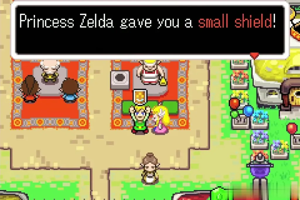 Link holding up the Small Shield as Zelda hands it over