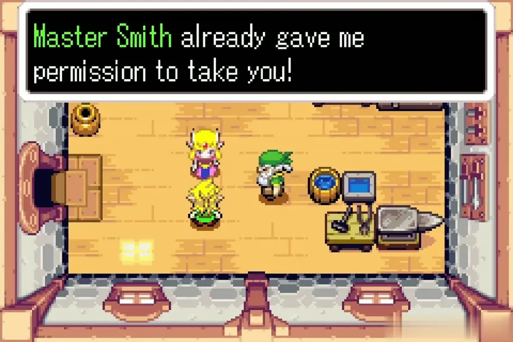 Zelda and Link in the workshop as the Smith says he already gave permission to take Link to the festival