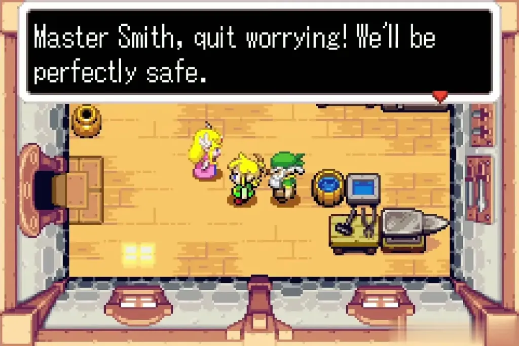 Link promising the Smith that he and Zelda will be safe