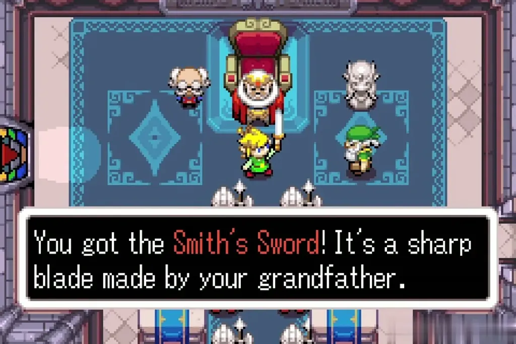 Link holding up the Smith's Sword in the throne room
