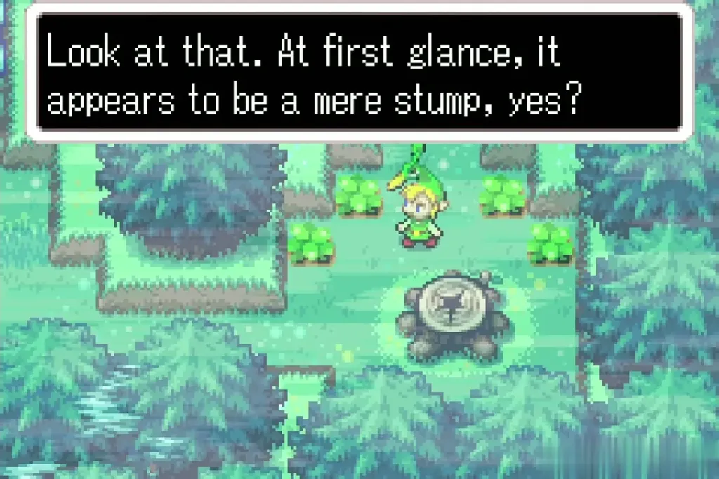 Ezlo pointing out the tree stump that is a Minish Portal
