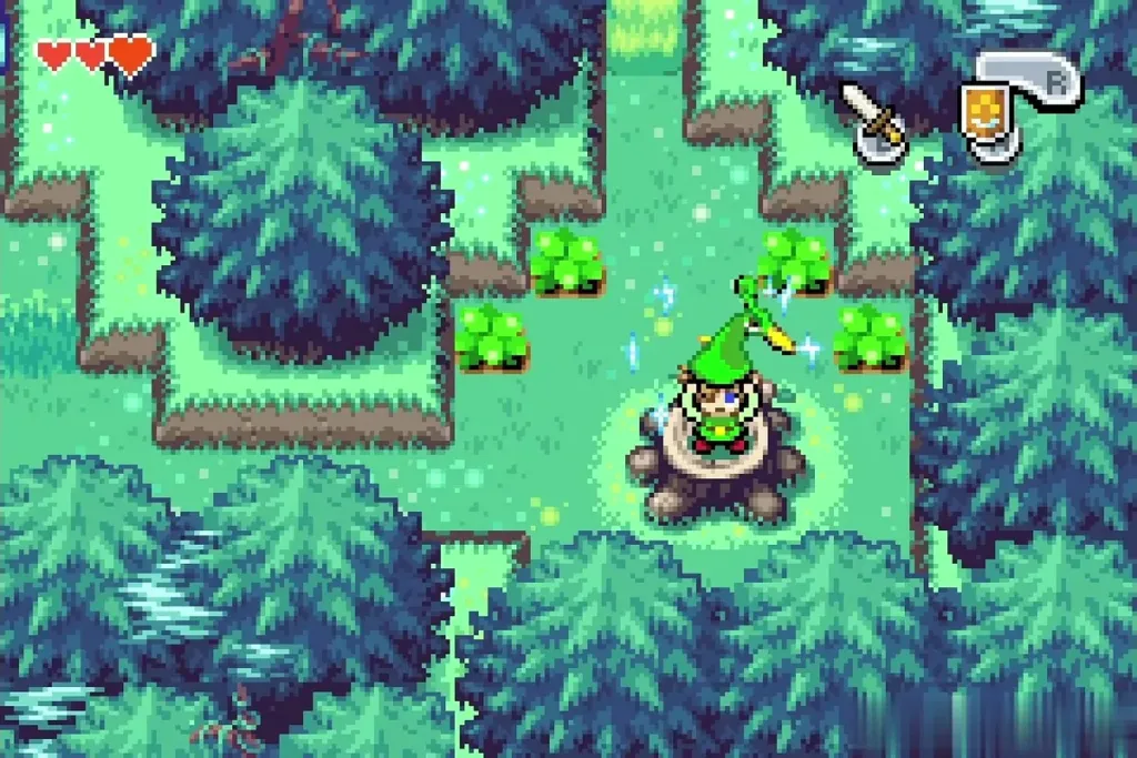 Link standing on the stump as the shrinking begins