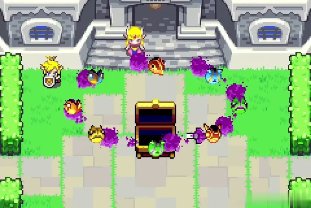 Dark spirits swirling out of the open chest as Zelda is cursed