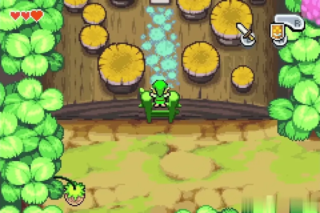 Link at the foot of the wooden steps among the stump seats