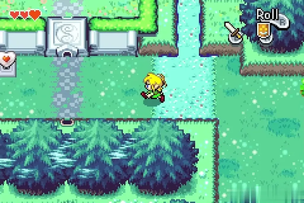 Link running west along the woods path toward a Piece of Heart on a pedestal