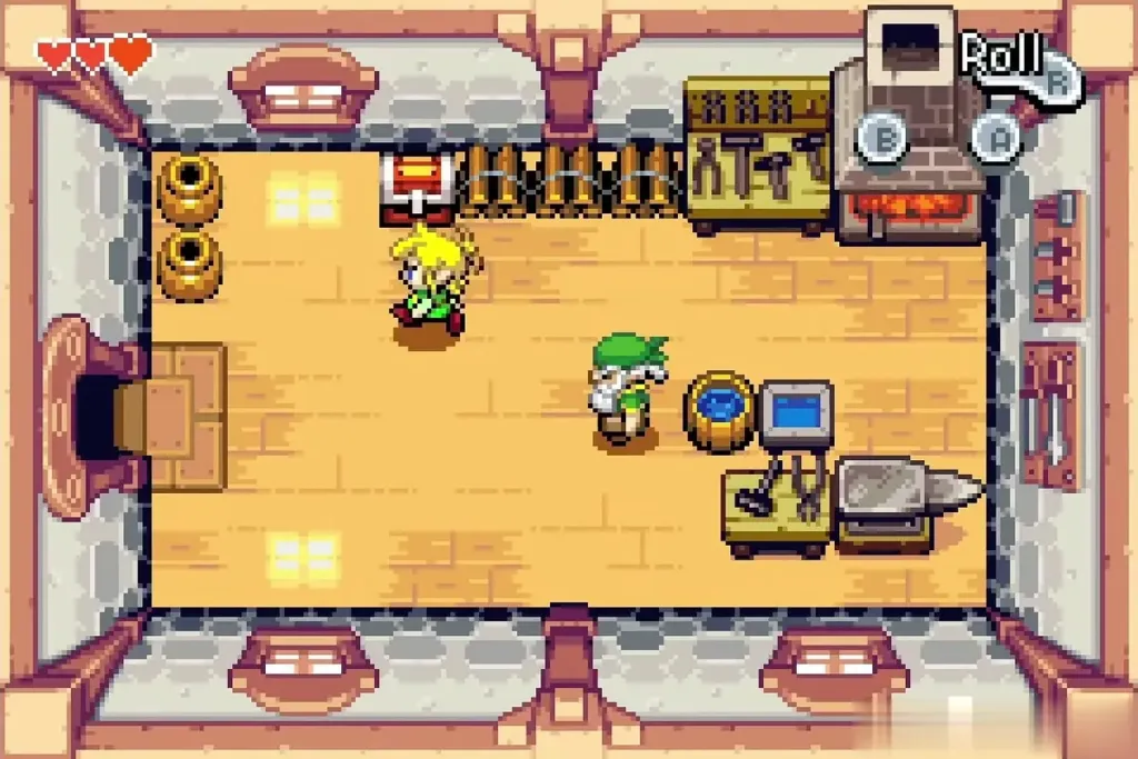 Link walking up to the chest against the back wall of the workshop